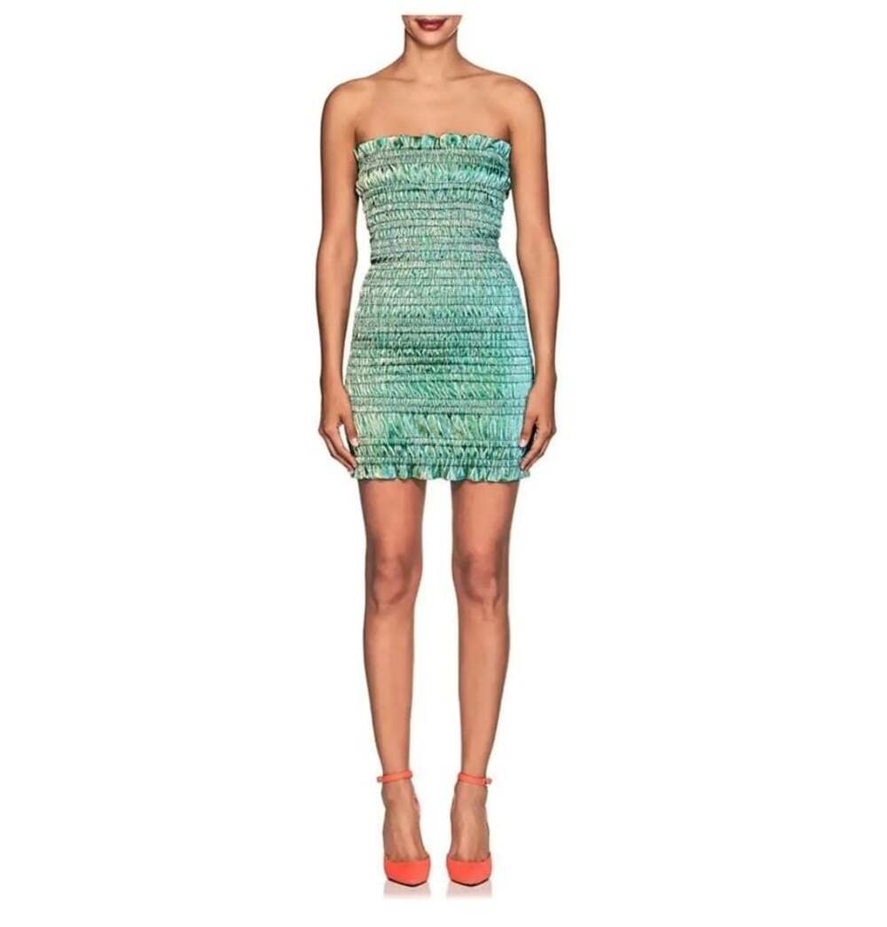AREA Emily Smocked Cotton-Blend Lamé Strapless Mini Dress